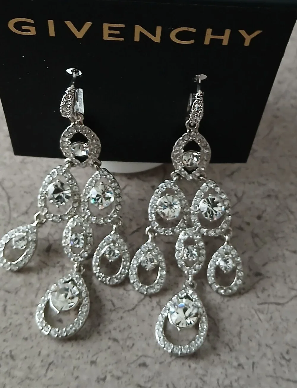 Givenchy Silver Crystal Teardrop Chandelier Earrings — Sparkling Clear Stones